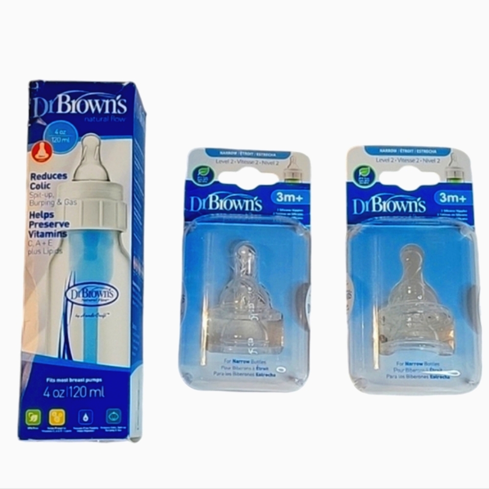 NEW Dr Brown's Natural Flow Anti-Colic 4 oz Baby Bottle & 2 NEW pkgs 3m+ Nipples